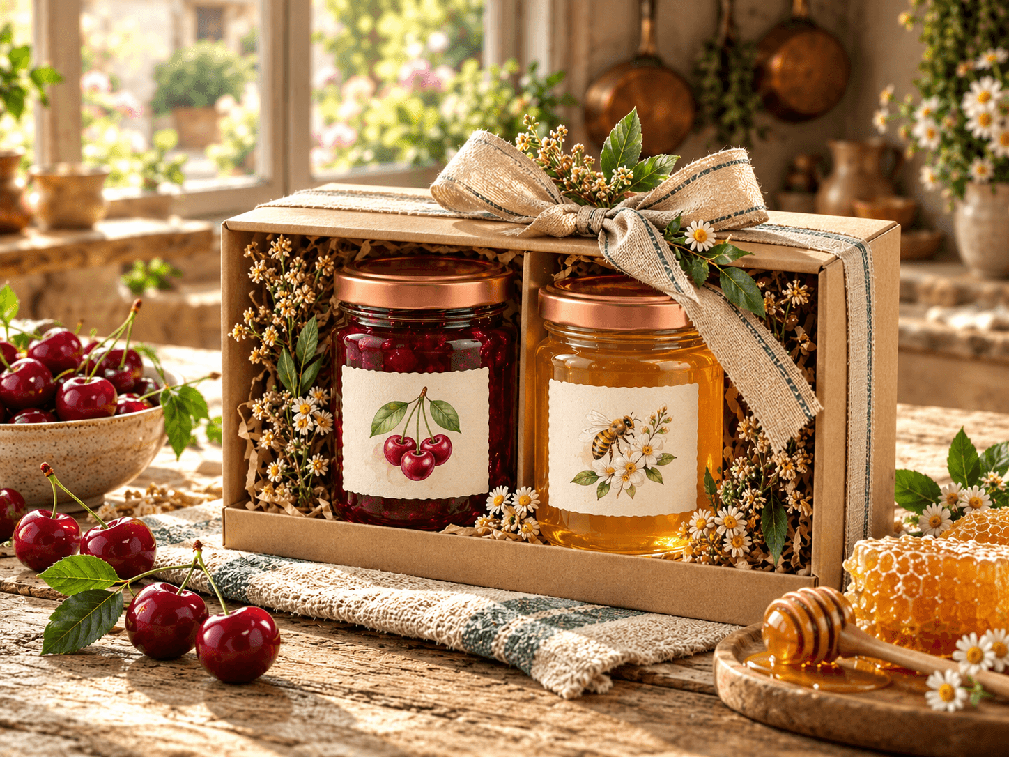 بستهٔ هدیه با مربا و عسل در فضای گرم و طبیعی نوبهار
